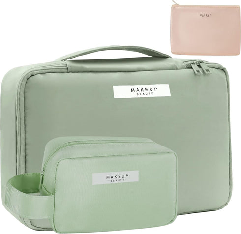 Queboom Travel Makeup Bag, Cosmetic Bag Toiletry Bag for Women and Men (Green-3pcs)