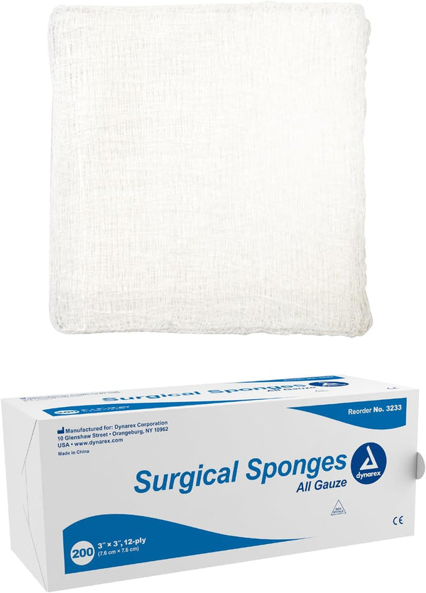 Dynarex Surgical Gauze Sponges, Absorbent Cotton Fabric, 3x3, 12-Ply, Sleeve of 200 Sponges