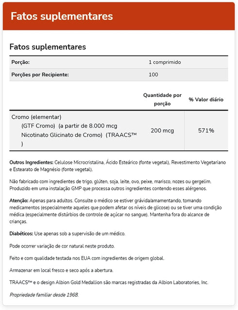 GTF Chromium 200mcg - 250 Tabs Now Foods