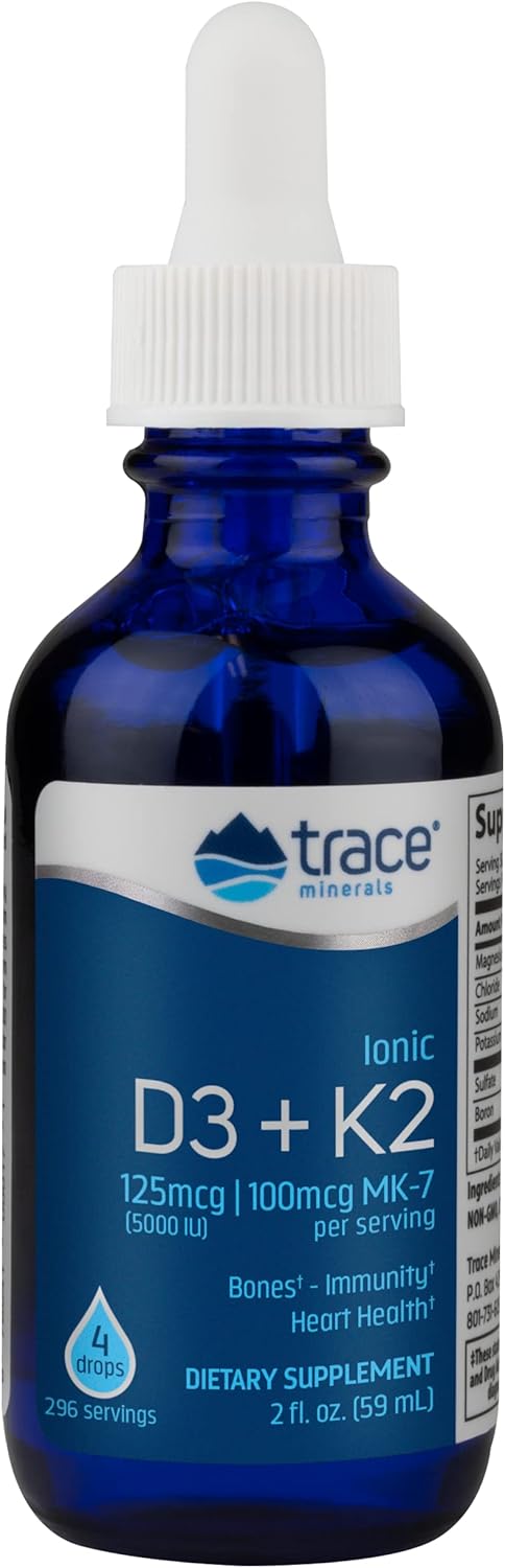 Trace Minerals Liquid Ionic Vitamin D3 + K2 - 125 mcg D3, 100 mcg K2 Concentrated Dietary Supplement (2 fl oz, 296
