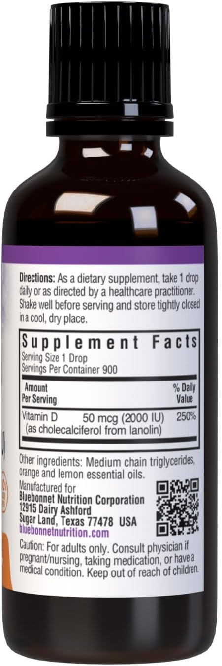 Bluebonnet Vitamin D3 2000IU 50mcg Supplement, Liquid Vitamins for Women & Men, 1 Fl Oz