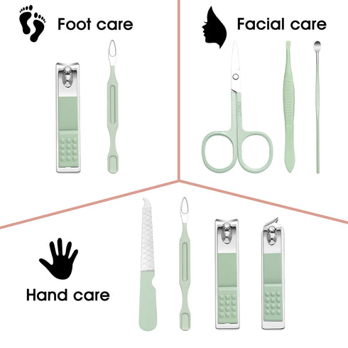 Manicure Set - 7 Pieces Professional Travel Nail Clippers with Green Leather Bag, Stainless Steel Nail Care Tools