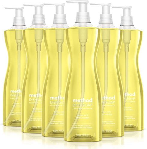 Method Gel Dish Soap Liquid, 18 Fl Oz Lemon Mint, Biodegradable Formula Tough on Grease (Pack of 6)
