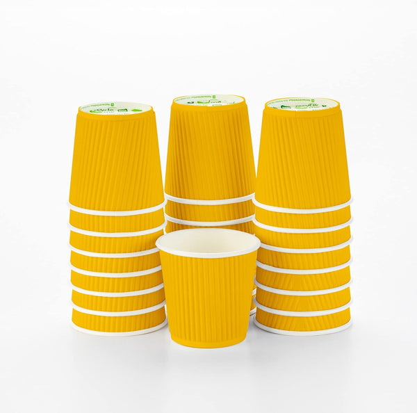 Restaurantware 4 Ounce Paper Coffee Cups, 25 Disposable Ripple Wall Cups, Leakproof, Yellow Paper Hot Cups