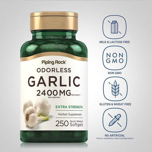 Piping Rock Odorless Garlic Softgel Capsules 2400mg, 250 Pills, High Potency Herbal Supplement, Non-GMO, Gluten Free