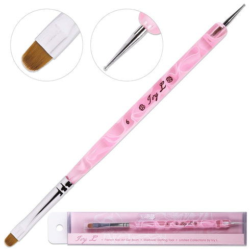 Ivy L Premium 2 Way French Gel Acrylic Nail Art Kolinsky Brush with Dotting Tool, Size #6, Pink Marble