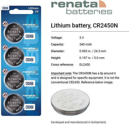 Renata CR2450N 3 (4 Pack) Batteries Volt Lithium Coin Battery