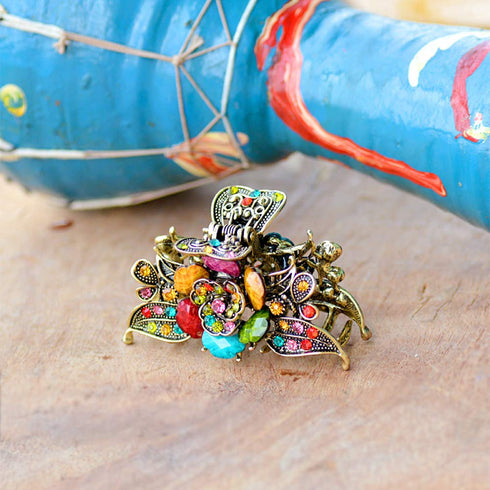 Vintage Chic Hair Claw Clips - Rose Flower Crystal Rhinestone, Imitation Turquoise, Retro Alloy Hair Accessories