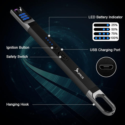 SUPRUS Electric Arc Lighter, Windproof Flameless USB Rechargeable Candle Lighter with LED Light (Black+Champagne Gold)