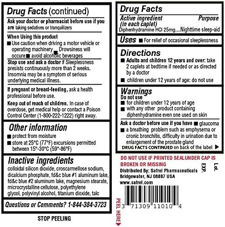 Safrel Nighttime Sleep Aid, 25mg Diphenhydramine HCl | Non Habit-Forming Restful Support for Men & Women | 100 Count
