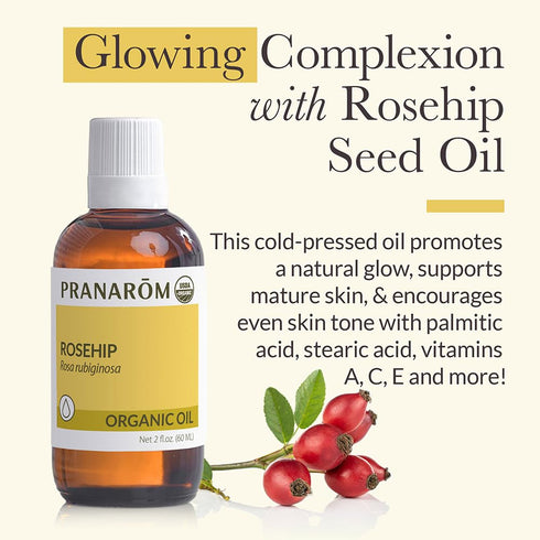Pranarom USDA Certified Organic Cold-Pressed Rosehip Virgin Plant Oil - 2 fl oz Glass Bottle for Anti-Aging, Acne Scar,