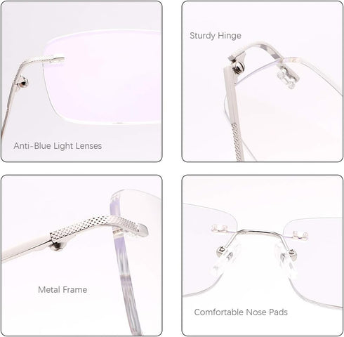 Rimless Clear Bifocal Reading Glasses | Blue Light Blocking Readers for Men and Women | Lightweight Magnifying Anti
