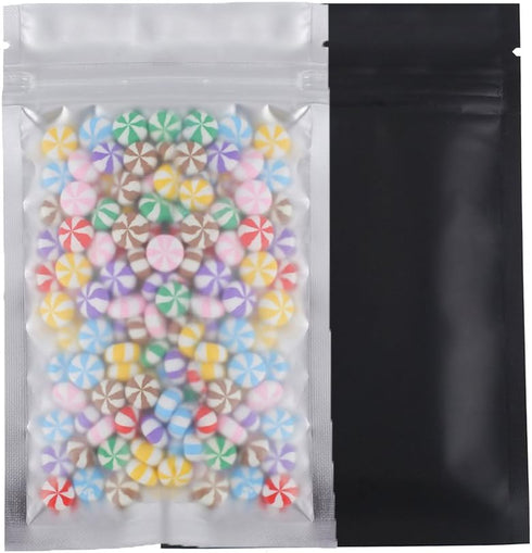 100pcs Frosted Clear Window Flat Colored Metallic Foil Resealable Zipper Seal Bags (Black, Flat, 3oz)