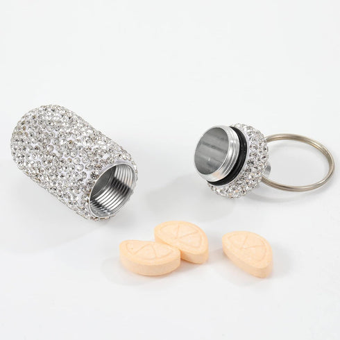 Bling Pill Case, Portable Travel Container with Rhinestone, Waterproof Small Holder with Keychain for Outdoor Camping