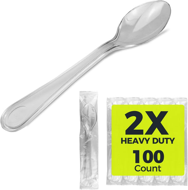 2X Heavy Duty Clear Plastic Spoons, Individually Wrapped 100 Count, Perfect for Catering and Parties