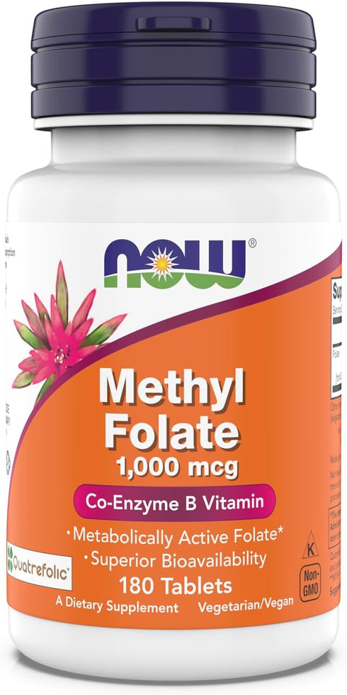 NOW Supplements, Methyl Folate 1,000 mcg - Metabolically Active Folate*, Co-Enzyme B Vitamin, 180 Tablets