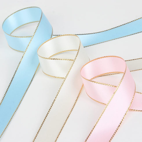 VIVIQUEN White Double Faced Satin Ribbon with Gold Edge, 1” x 25 Yards for Gift Wrapping & Floral Arrangement