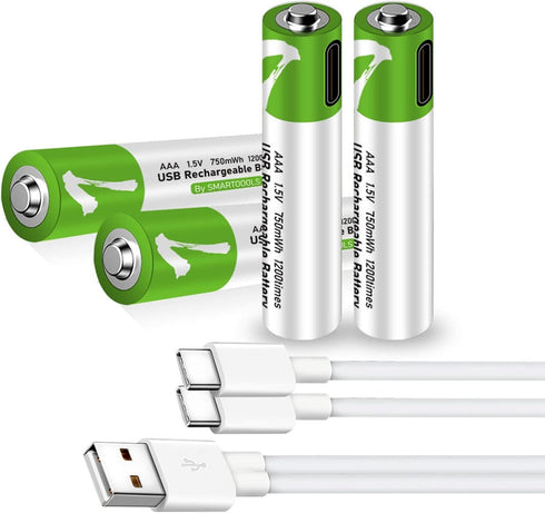 4 Pack AAA Battery,Rechargeable AAA Batteries, Lithium-ion Triple A Batteries 750mwh,1.5V Battery with 4 in1 USB Type C Port Cable Charger