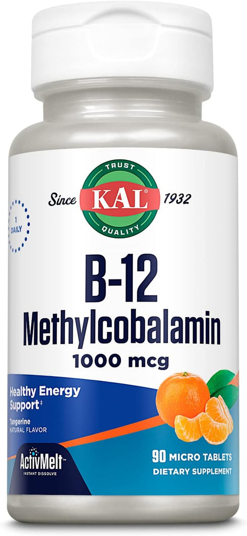 KAL Vitamin B12 Methylcobalamin 1000mcg, Healthy Energy, Metabolism, Nerve & Red Blood Cell Support, 90 Servings
