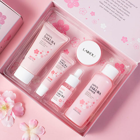 Sakura Skincare Gift Set, Daily Care Travel Kit with Cleanser, Toner, Serum, Eye Cream, and Face Cream for Women (5pcs)