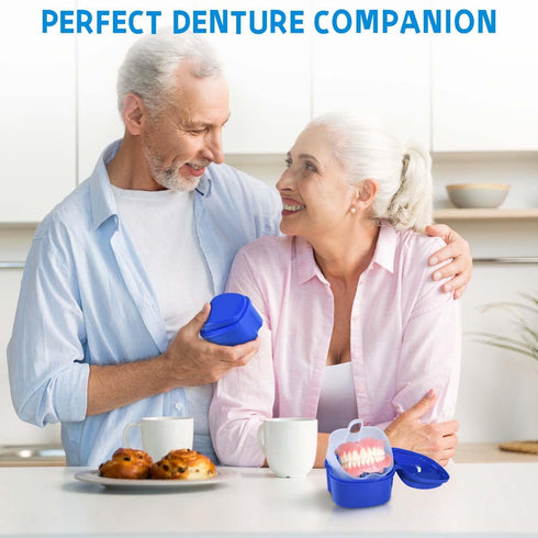2 Pack Denture Bath Case Cup Holder with Strainer Basket for Travel Cleaning (Light Blue and Blue)