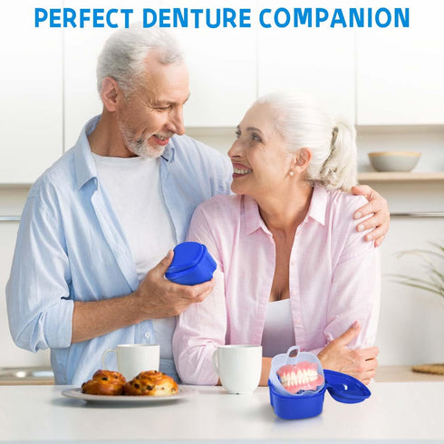 3 Pack Denture Bath Case Cup Holder Storage with Strainer Basket for Travel Cleaning (White, Blue, Light Blue)