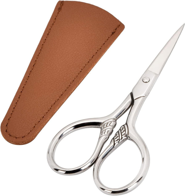 Small Facial Hair Scissors, Stainless Steel Straight Tip Snips for Grooming Kit, Eyebrows, Beard, PU Case