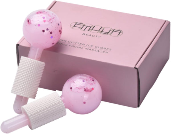 Ice Globes for Facials - Cool Skincare Cryo Tools for Face and Eye Puffiness Relief - Pink Drink Glitter