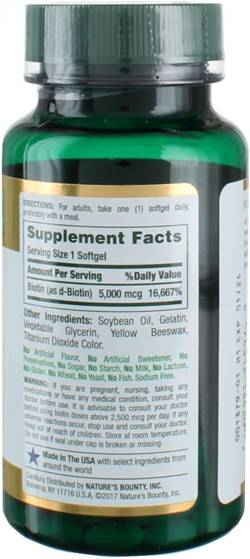 Nature's Bounty Biotin Super Potency 5000mcg - 72 Softgels (Pack of 2)