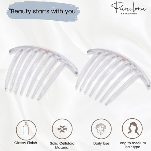 Parcelona French Twist 7 Teeth Large 4" Celluloid Set of 2 Flexible Durable Side Hair Comb No Slip Styling Women Hair Accessories Girls Hair Clip, Made in France (Clear)