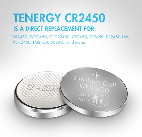 Tenergy CR2450 3V Lithium Coin Cell Battery for Car Key Fob, Remote Controllers, 20 Count (Pack of 4)