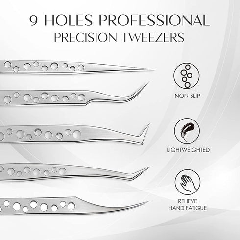 Lankiz Lash Tweezers for Eyelash Extensions, Stainless Steel Straight and Curved Volume Tweezers Set (5PCS-Silver)