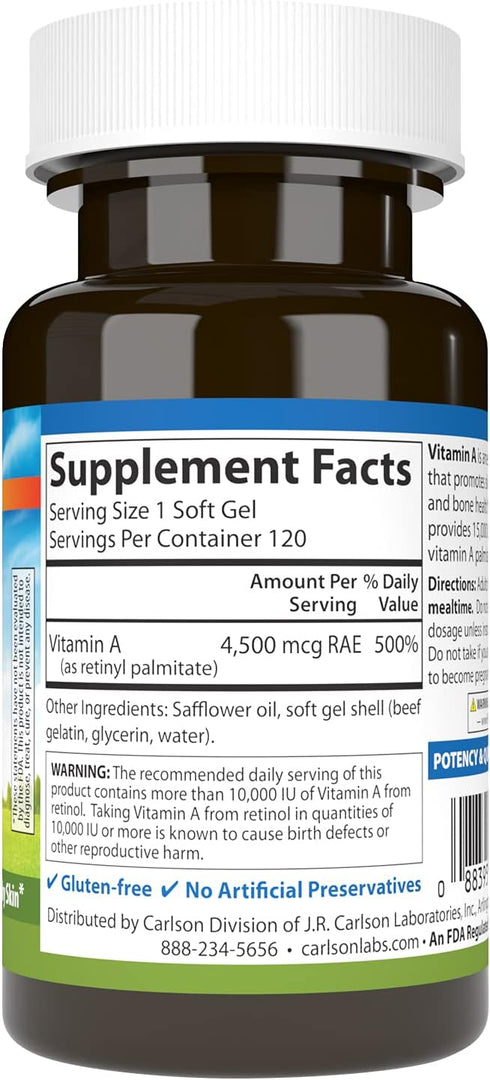Carlson - Vitamin A, 15000 IU Palmitate (4500 mcg RAE), Vision Health, Healthy Skin, 120 Softgels