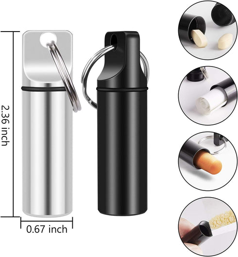 2 Pack Small Pocket Pill Box Keychain, Portable Mini Aluminium Pill Organizer for Travel (Black & White)