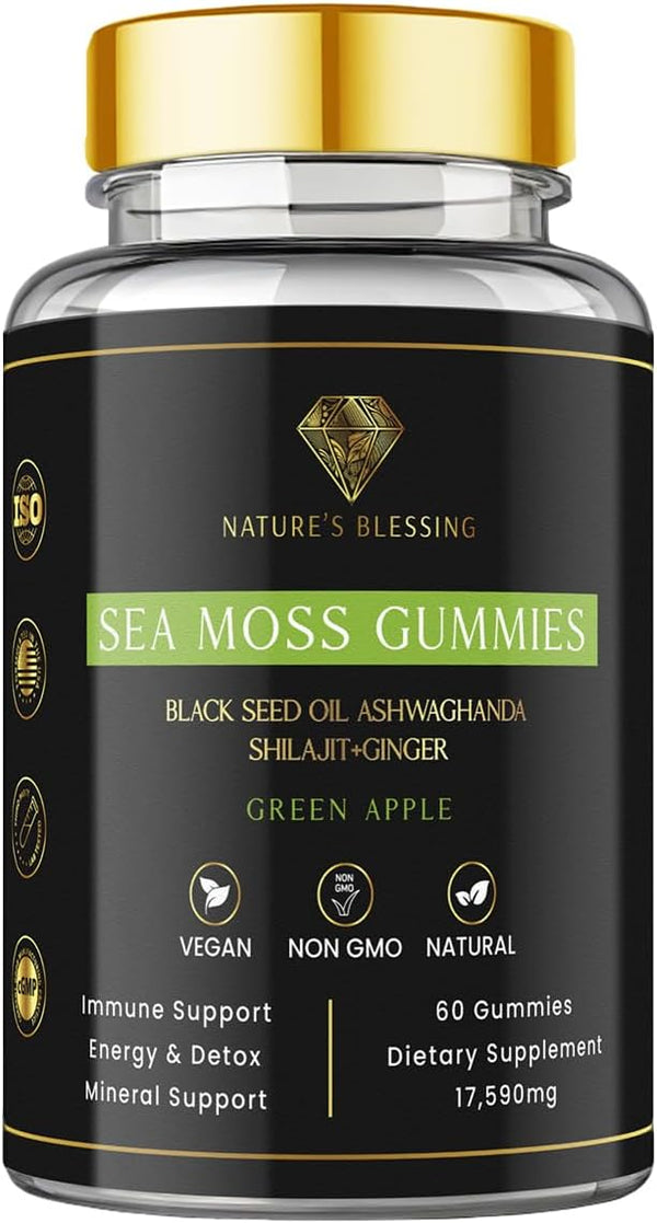 Nature's Blessing Sea Moss Gummies with Shilajit, Ashwagandha, Black Seed & Bladderwrack 17,590mg Total
