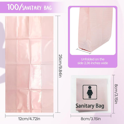 Sanitary Napkin Disposal Bags: 100 Pack Individually Wrapped Feminine Hygiene Bags for Privacy Protection, Pink