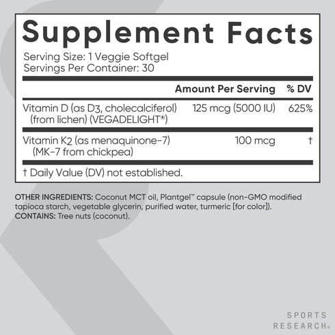 Sports Research Vitamin D3 K2 with Coconut Oil - Vegan D3 5000iu & K2 MK7 for Bone & Immune Health - 30 Softgels