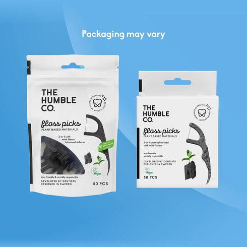 The Humble Co. Floss Picks (200 Count) – Plant Based Dental Floss Picks for Superior Oral Care and Gum Health (Charcoal)