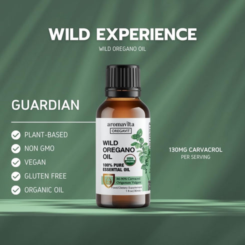Wild Oregano Oil Organic, 100% Pure with 86-90% Carvacrol, Plant-Based Herbal Supplement, 1fl.oz/30ml
