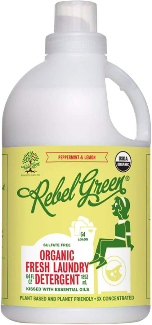 Rebel Green Peppermint & Lemon Scent Liquid Laundry Detergent, 64 Fluid Ounces, Hypoallergenic