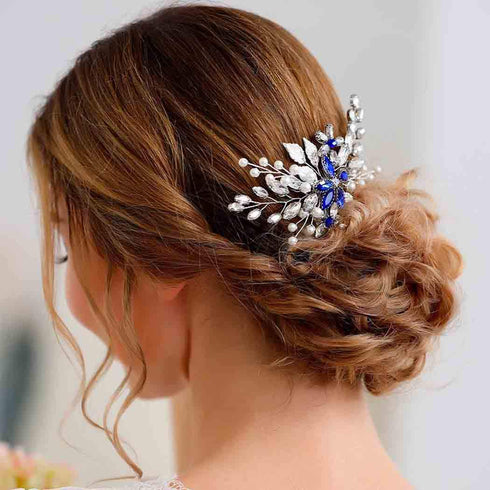 Olbye Blue Rhinestone Wedding Hair Comb Bridal Accessories for Bride and Bridesmaids Silver Hair Piece