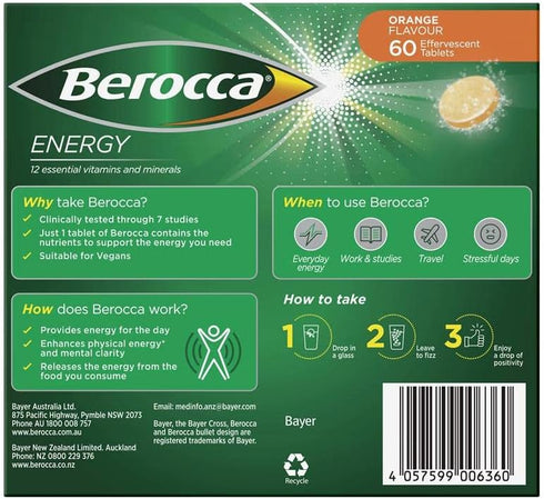 Berocca Energy Effervescent Tablets, Vitamin B & C, Orange Flavour, 60 Pack