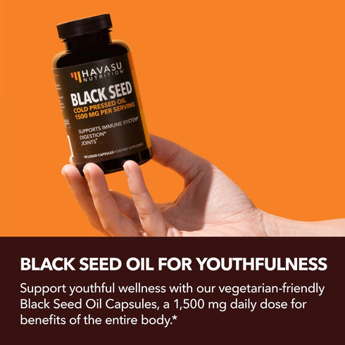 Black Seed Oil Nigella Sativa Cold-Pressed Capsules, 1500mg for Immune Support, 90 Vegetarian Capsules