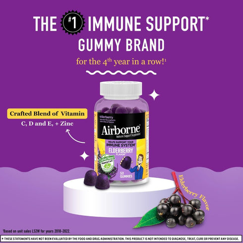 Gummies Immune Gummies 50 Gummies, Airborne Elderberry + Zinc & Vitamin C For Adults, Support Vitamin D & Zinc