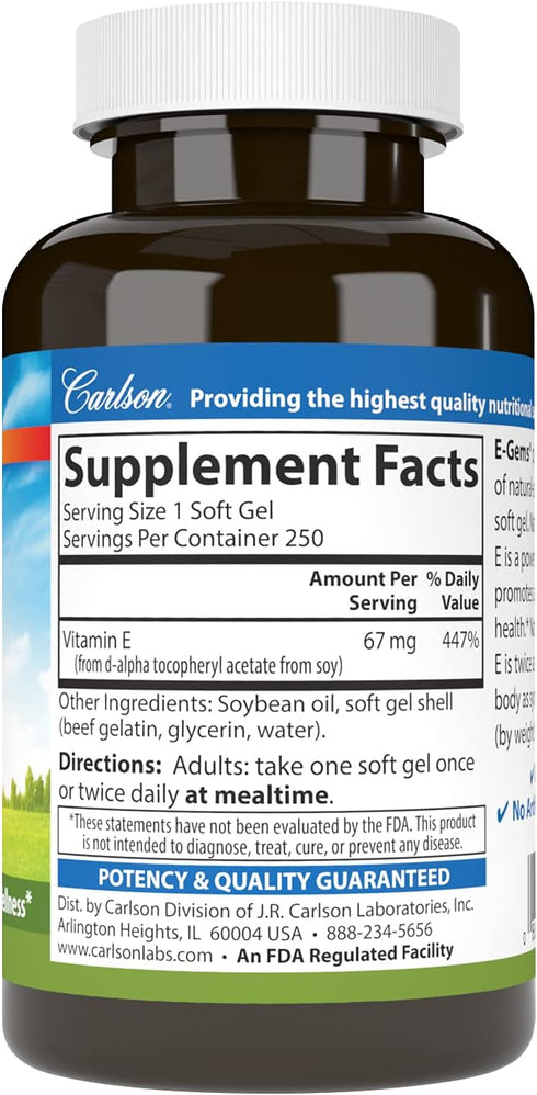 Carlson E-Gems, 100 IU, Heart Health & Optimal Wellness, Antioxidant, 250 Soft Gels