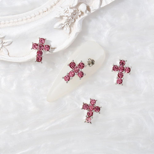 Crystal Cross Nail Charms - y2k Silver Crystal Cross Nail Art, 3D Pink Charms for DIY Designs Supplies