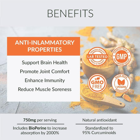 Alaya Naturals Premium Turmeric Curcumin with Bioperine - 750 mg, High Potency, Non-GMO