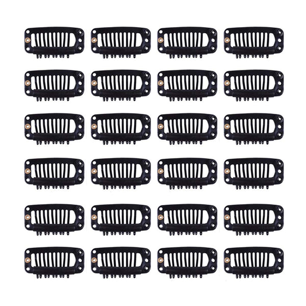 YANTAISIYU 24 pcs/lot 32mm 9-teeth Metal Wig Clips with Rubber Stopper, Invisible Hairpiece Accessories in Black