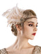 SWEETV 1920s Flapper Headband, Rhinestone Pearl Feather Hair Band, Great Gatsby Accessories for Women, Champagne