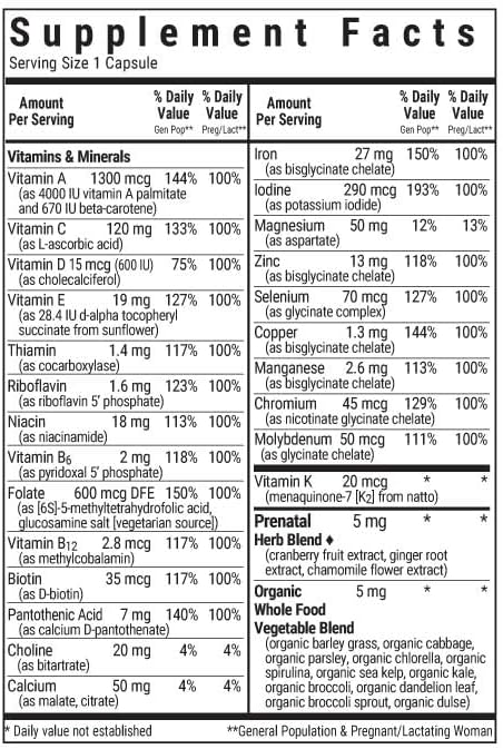 Bluebonnet Nutrition Ladies’ One Prenatal Whole Food-Based Multiple, Daily Nutrition*, Prenatal & Postnatal Health*, Non-GMO, Kosher, Gluten-Free, Soy-Free, 30 Vegetable Capsules, 30 Servings